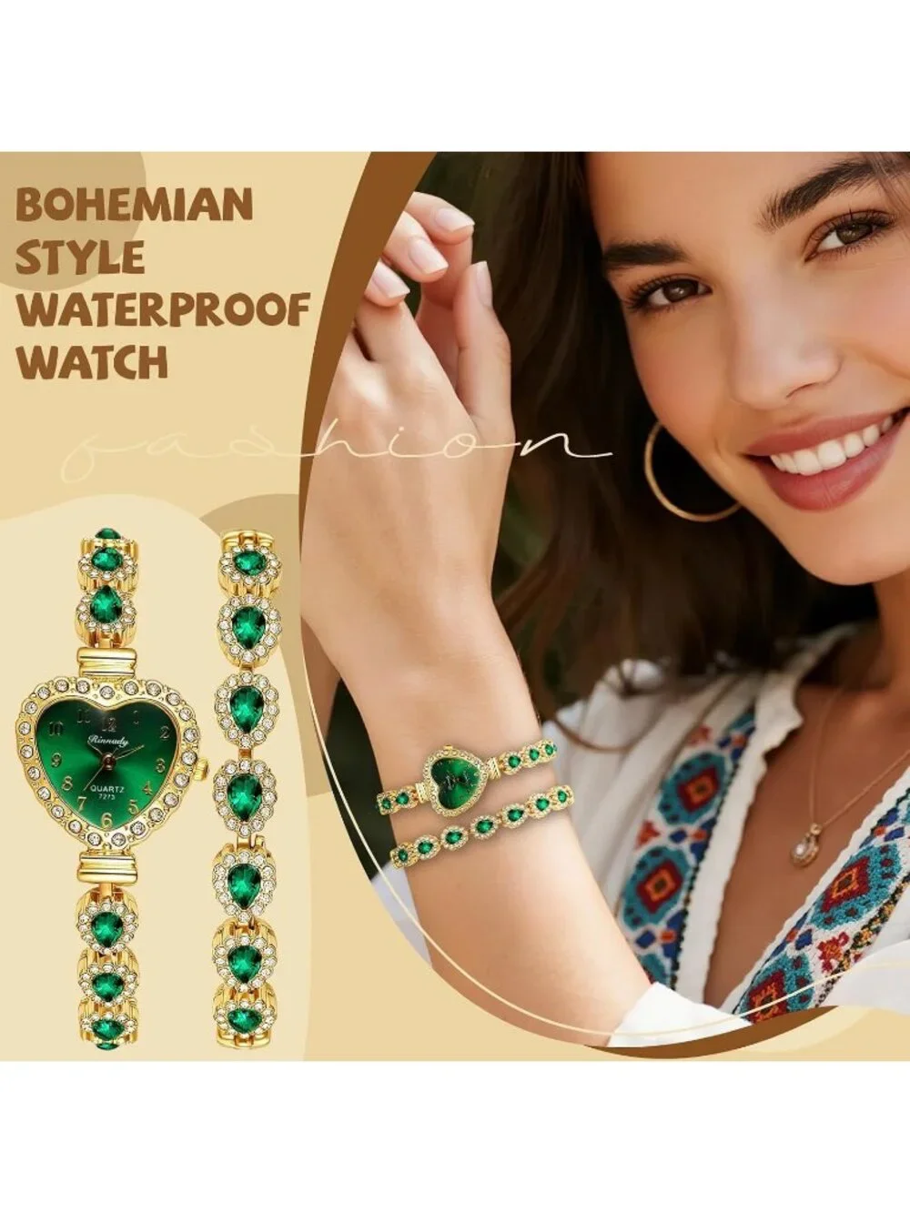 Women's Green Heart Dial Bracelet Set Birthstone Crystal Quartz Display Watches